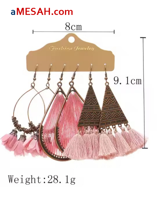 Bohemian Pink Flower Tassel Earrings Set, ETH25007 - Image 4