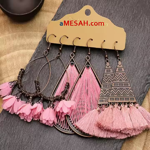 Bohemian Pink Flower Tassel Earrings Set, ETH25007 - Image 2
