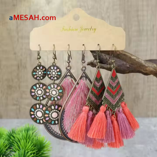 Bohemian Pink Flower Tassel Earrings Set, ETH25007 - Image 3