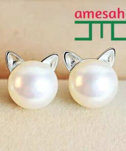  Cat Silver Pearl Stud Earrings for Women