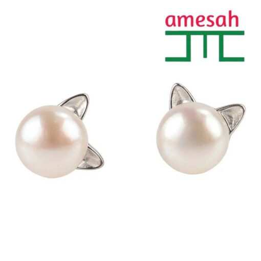 Cat Silver Pearl Stud Earrings for Women - Image 2