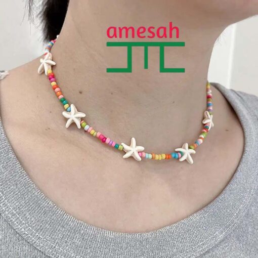 Summer Starfish Pendant Rice Beaded Necklace