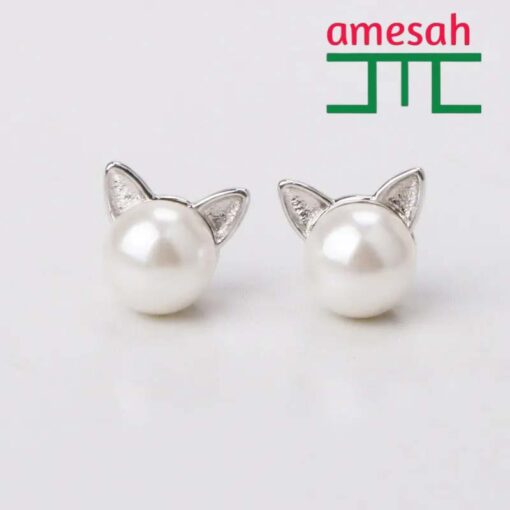  Cat Silver Pearl Stud Earrings for Women - Image 5